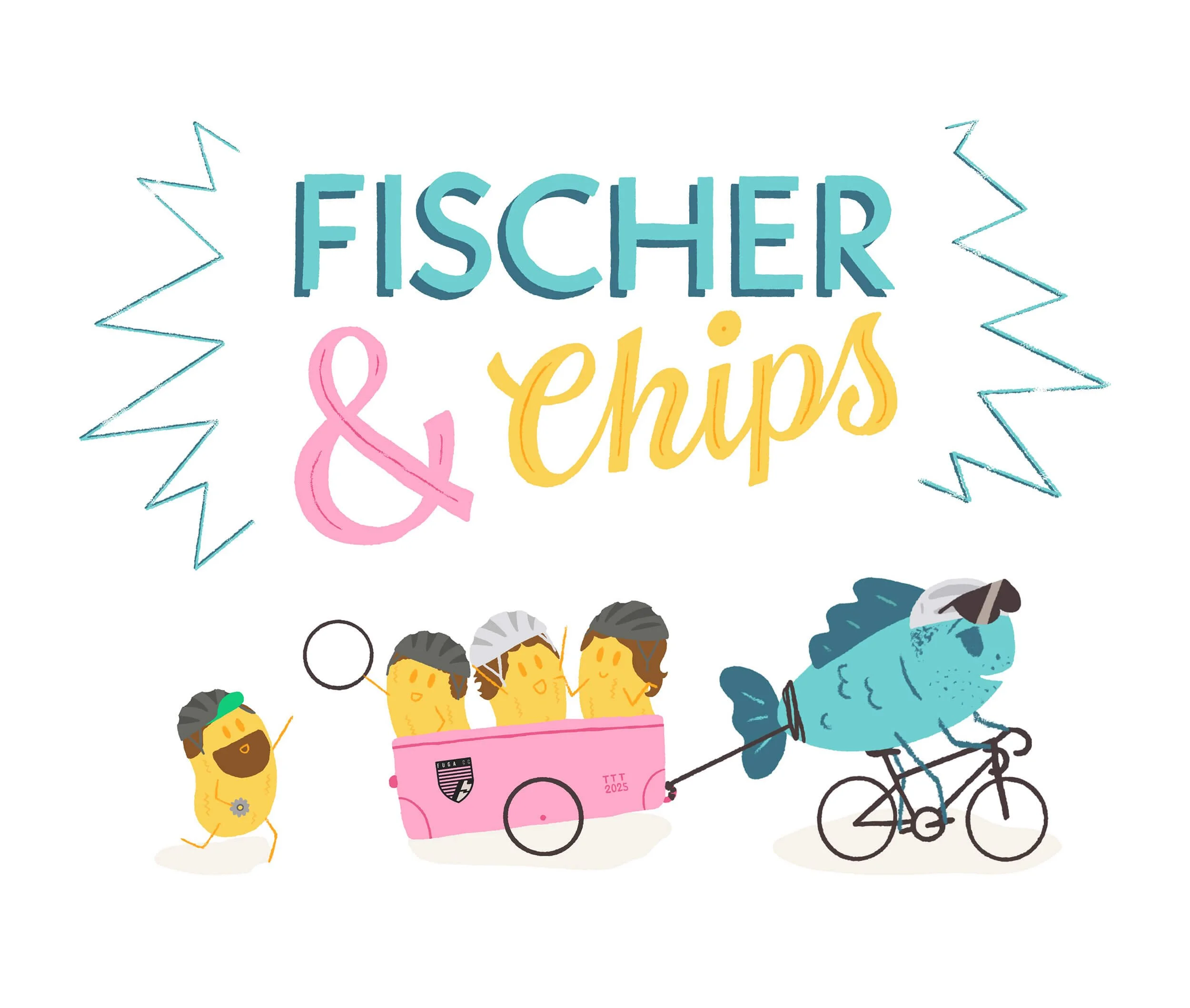 Colorful illustration with text "Fischer & Chips" and cartoon characters, including a yellow chick, a blue crayfish on a bicycle, and people on a pink food truck.