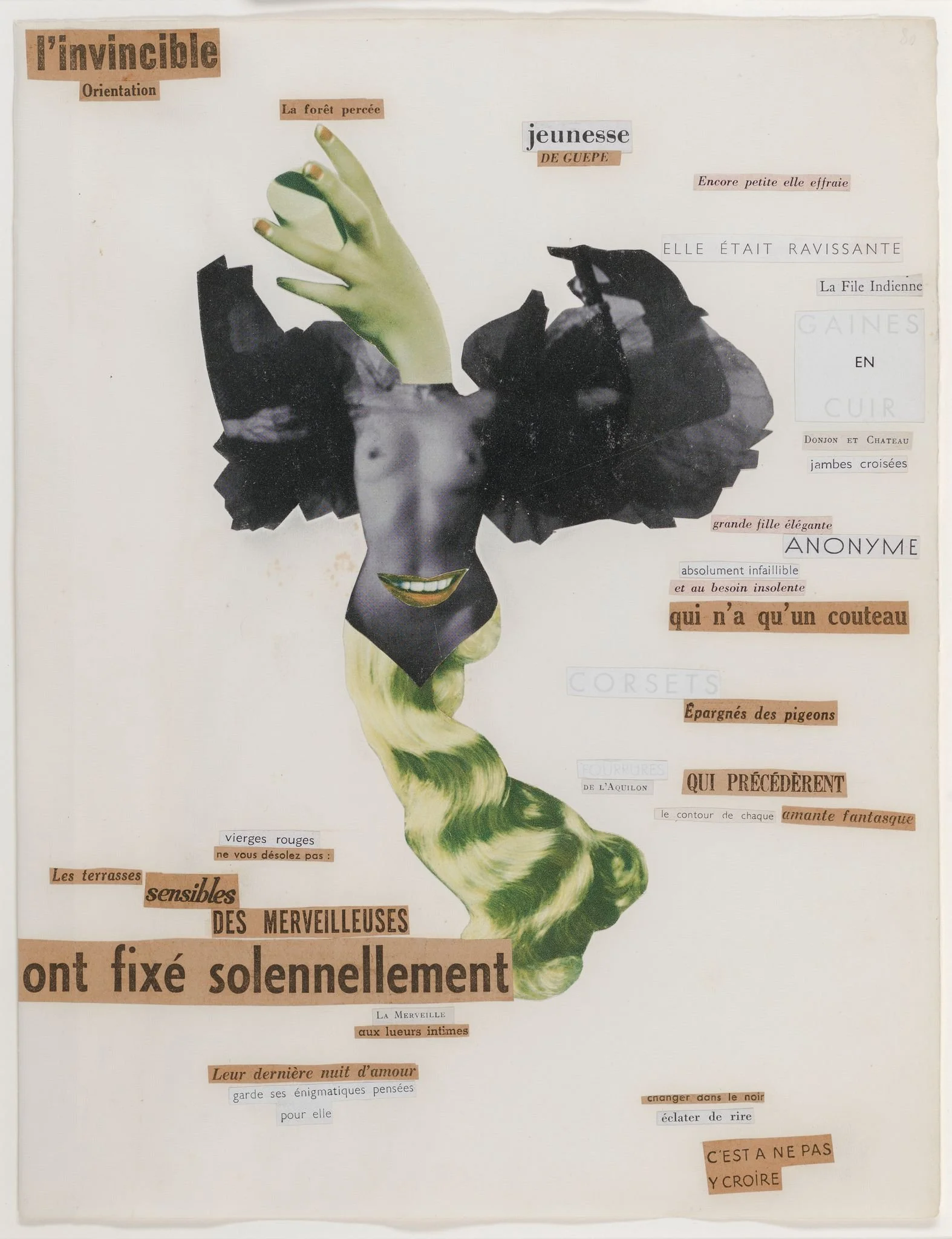 Georges Hugnet (French, 1906– 1974), page from The Seventh Face of the Die (La Septième face du dé (Invincible Orientation)) #80, 1936, Poem collage, 12 3⁄4 × 9 3⁄4 inches. Provenance:
From Hugnet family
Sam Stourdze, Paris
References:
Timothy Baum, 