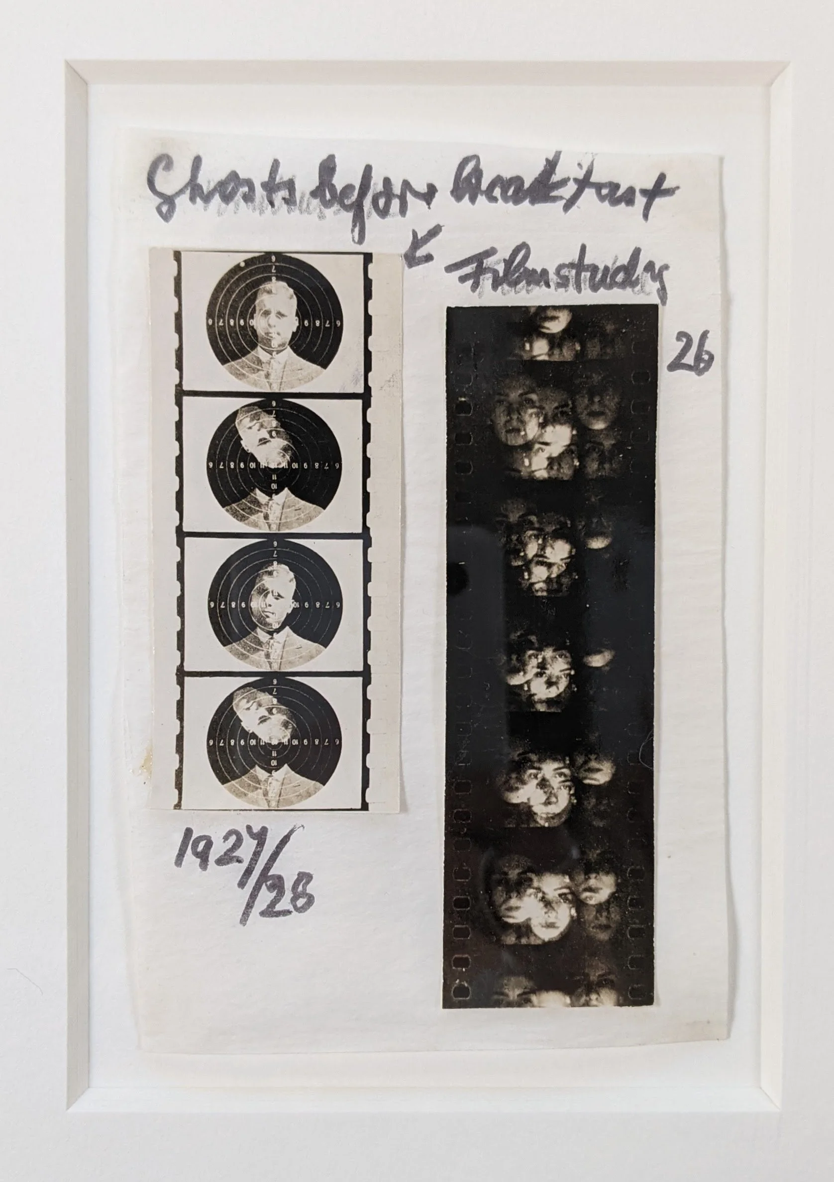  Hans Richter (1888-1976), Ghosts Before Breakfast/Film Study. 1926-28.
Unique assemblage of two film strips,
with Richter's titles and dates in ink on mount recto, The strips 3 1/8 x 1 1/4 in. (7.9 x 3.2 cm.) and 3 7/8 x 1 1/8 in. (9.8 x 2.8 cm.), t