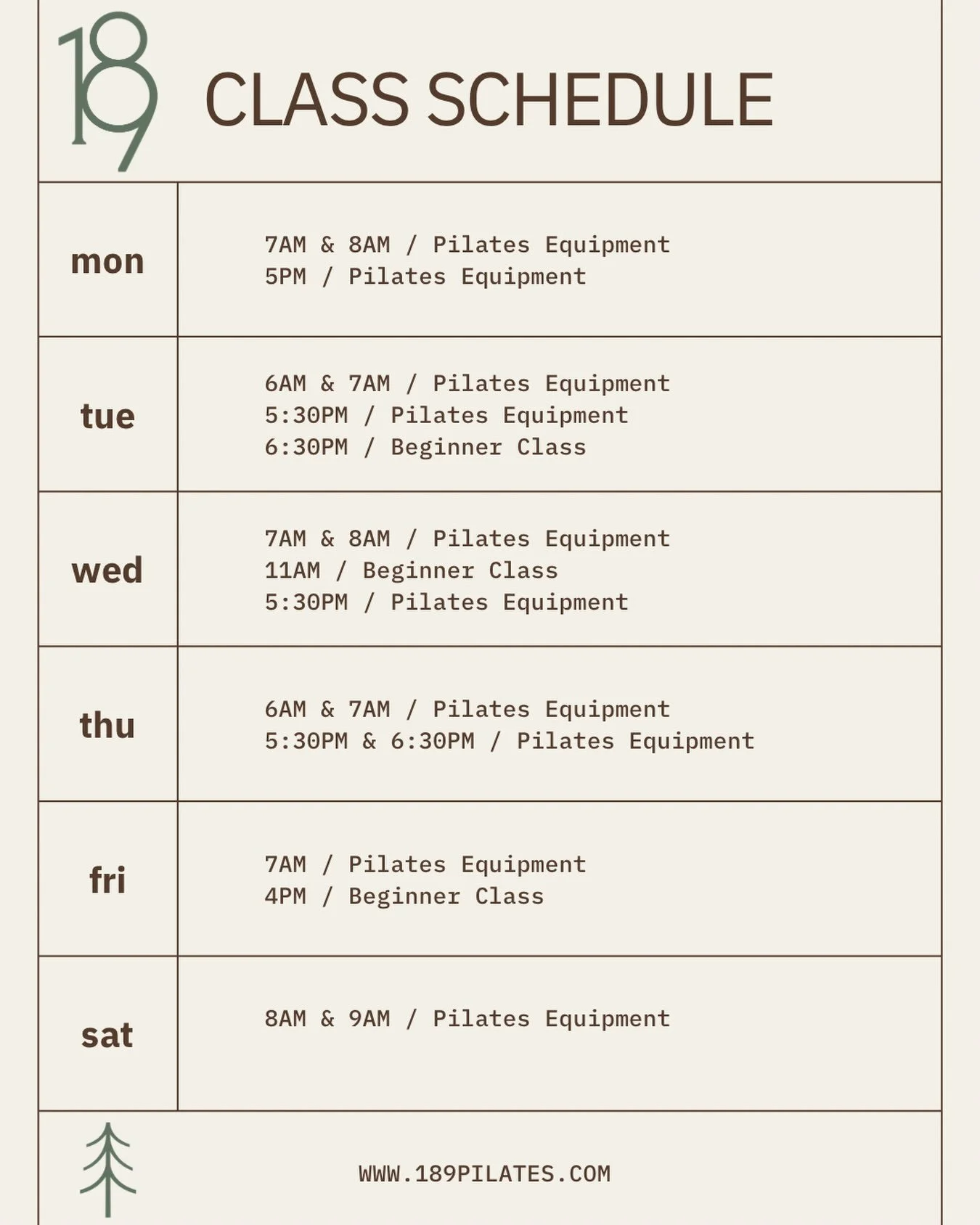 189 weekly schedule! 
Let us know if there are other times you want to see on the schedule. 

I am also taking requests for private sessions &mdash; send an email or dm if you&rsquo;re interested in scheduling one!