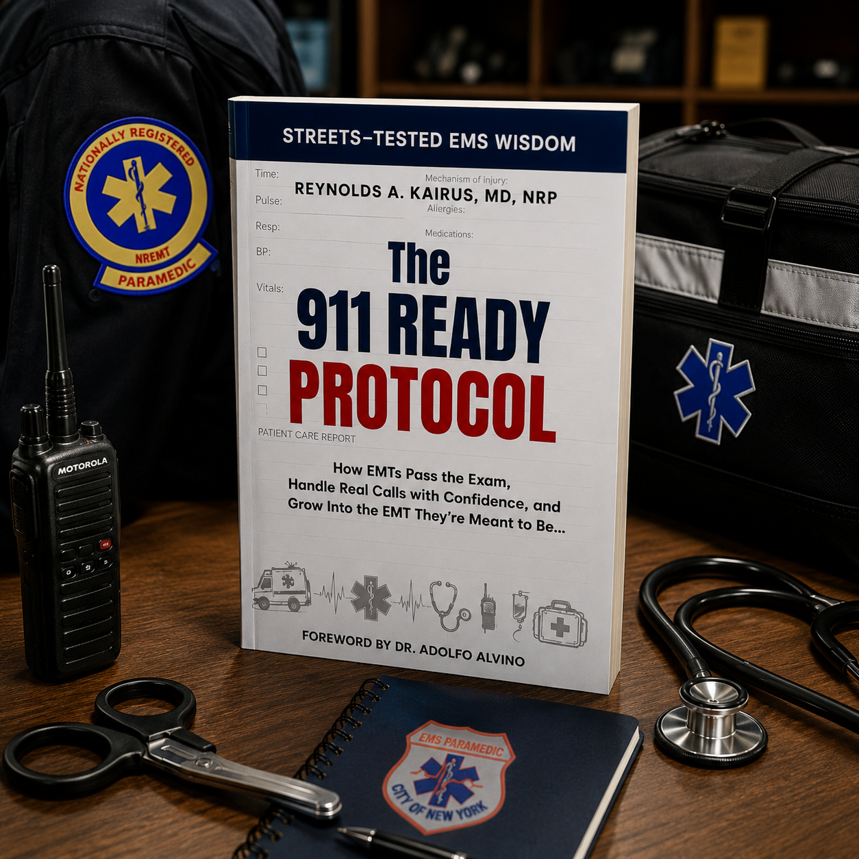 A book titled 'The 911 Ready Protocol' on a wooden desk surrounded by medical and emergency response equipment, including a radio, stethoscope, scissors, a pen, and EMS gear, with a patch and a bag with EMS symbols, and a person wearing a uniform with a paramedic patch.
