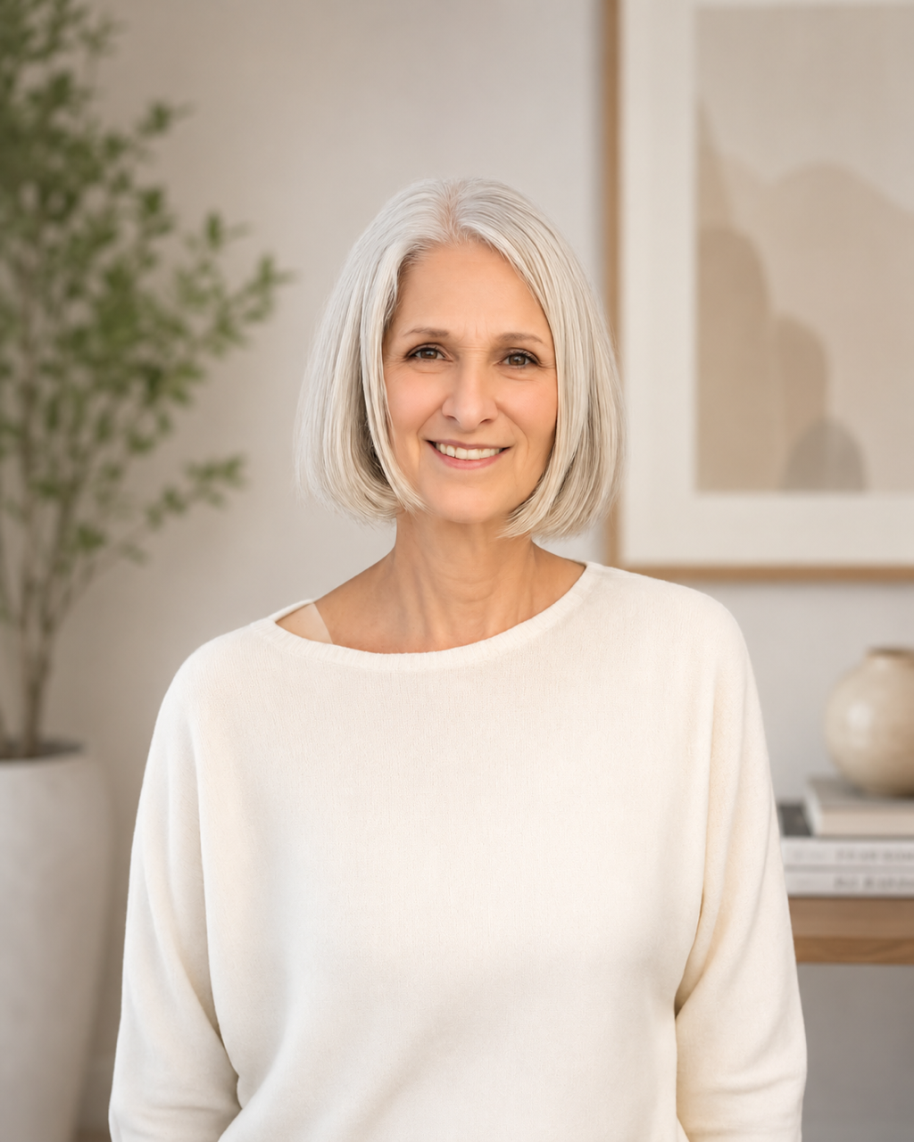 A smiling older woman with short gray hair in a cream sweater, standing in a cozy, minimalistic living space with a potted plant and framed artwork in the background.