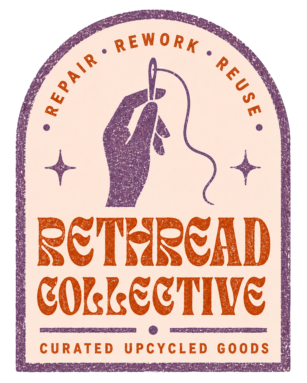 Logo for ReThread Collective featuring a purple hand holding needle and thread, with the text "Repair, Rework, Reuse" and "Curated Upcycled Goods" surrounding it.