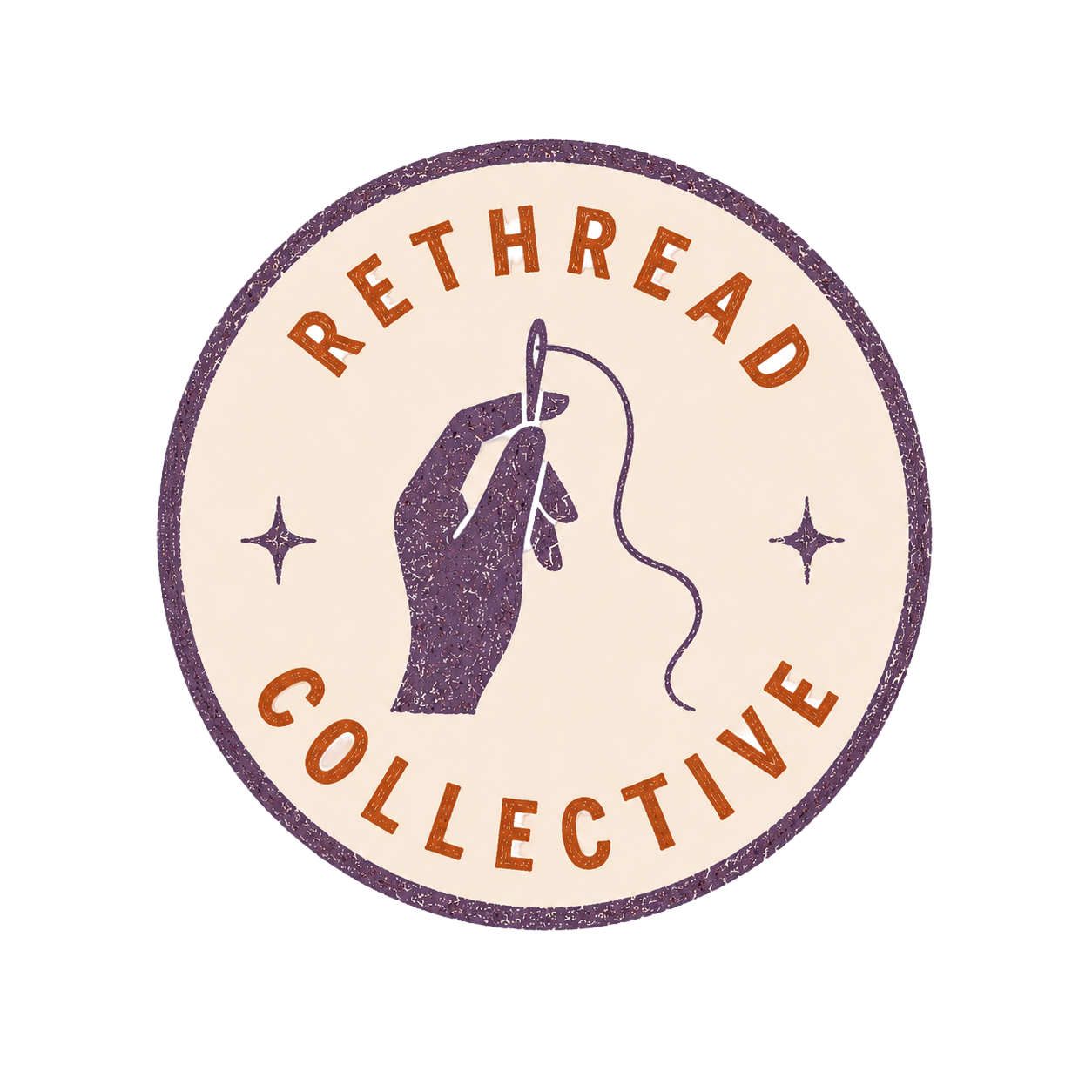 A circular badge with the words 'RETHREAD COLLECTIVE' in orange and a purple hand holding a needle and thread in the center.