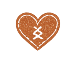 A rust colored heart with crossed stitching.