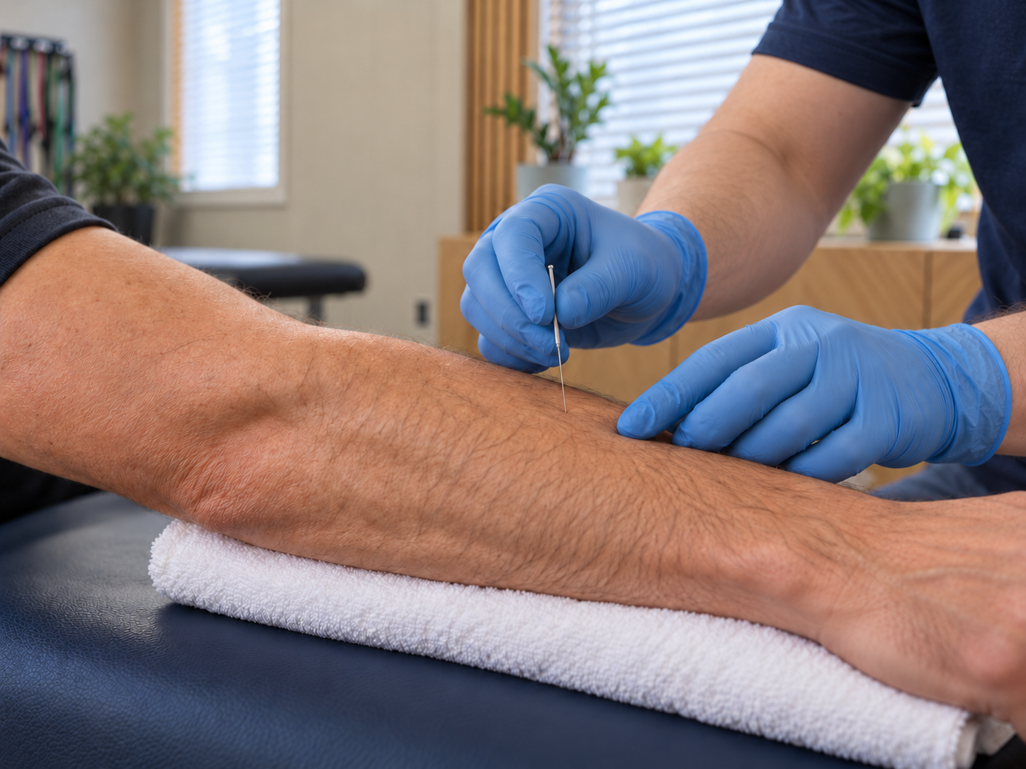 Illustration of dry needling to the forearm, showing a therapist’s gloved hands positioning a fine needle.