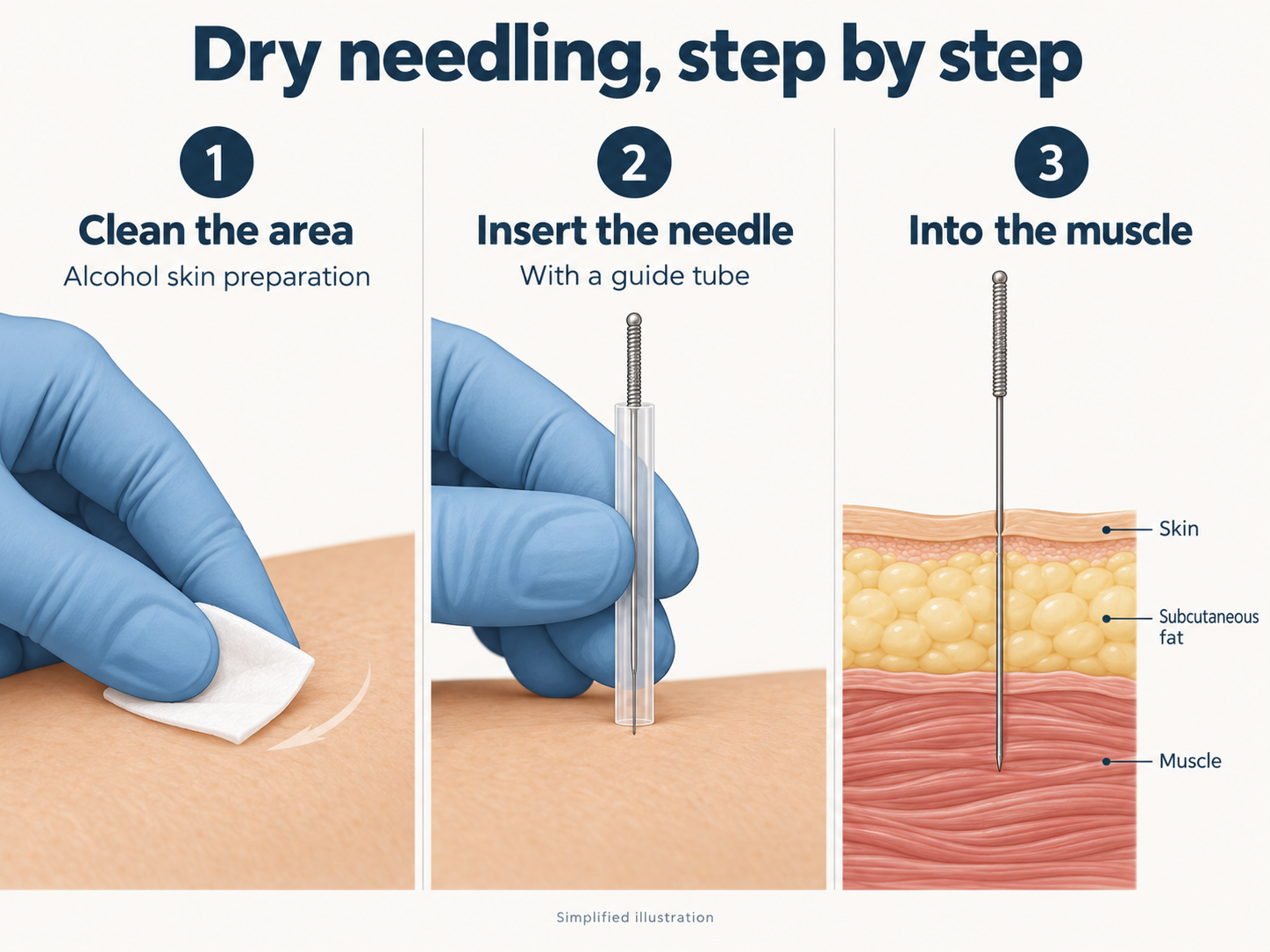 Three-step dry needling illustration showing alcohol skin preparation, needle insertion with a guide tube, and the needle entering muscle beneath the skin and fat.