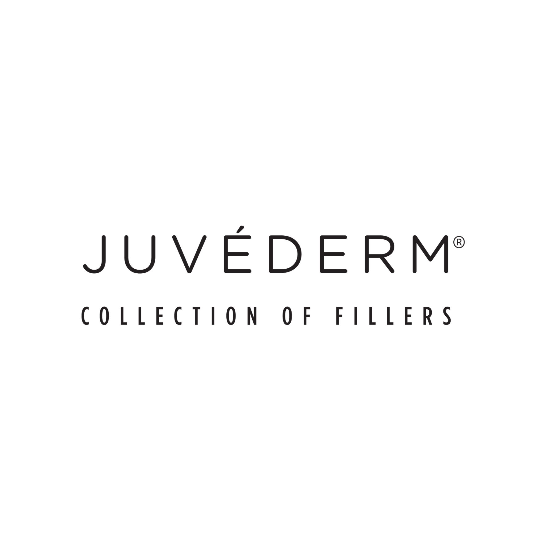 Black background with the word 'JUVÉDERM' in large thin uppercase letters, and underneath in smaller uppercase letters, 'COLLECTION OF FILLERS'.