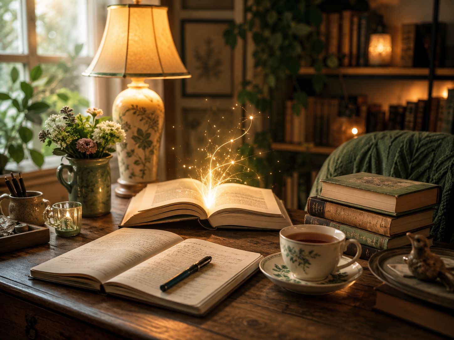 A cozy study space with an open book emitting a magical glow and sparkling light, surrounded by stacked books, a cup of tea, a pen, flowers, a lamp, and a bookshelf in a warmly lit room.