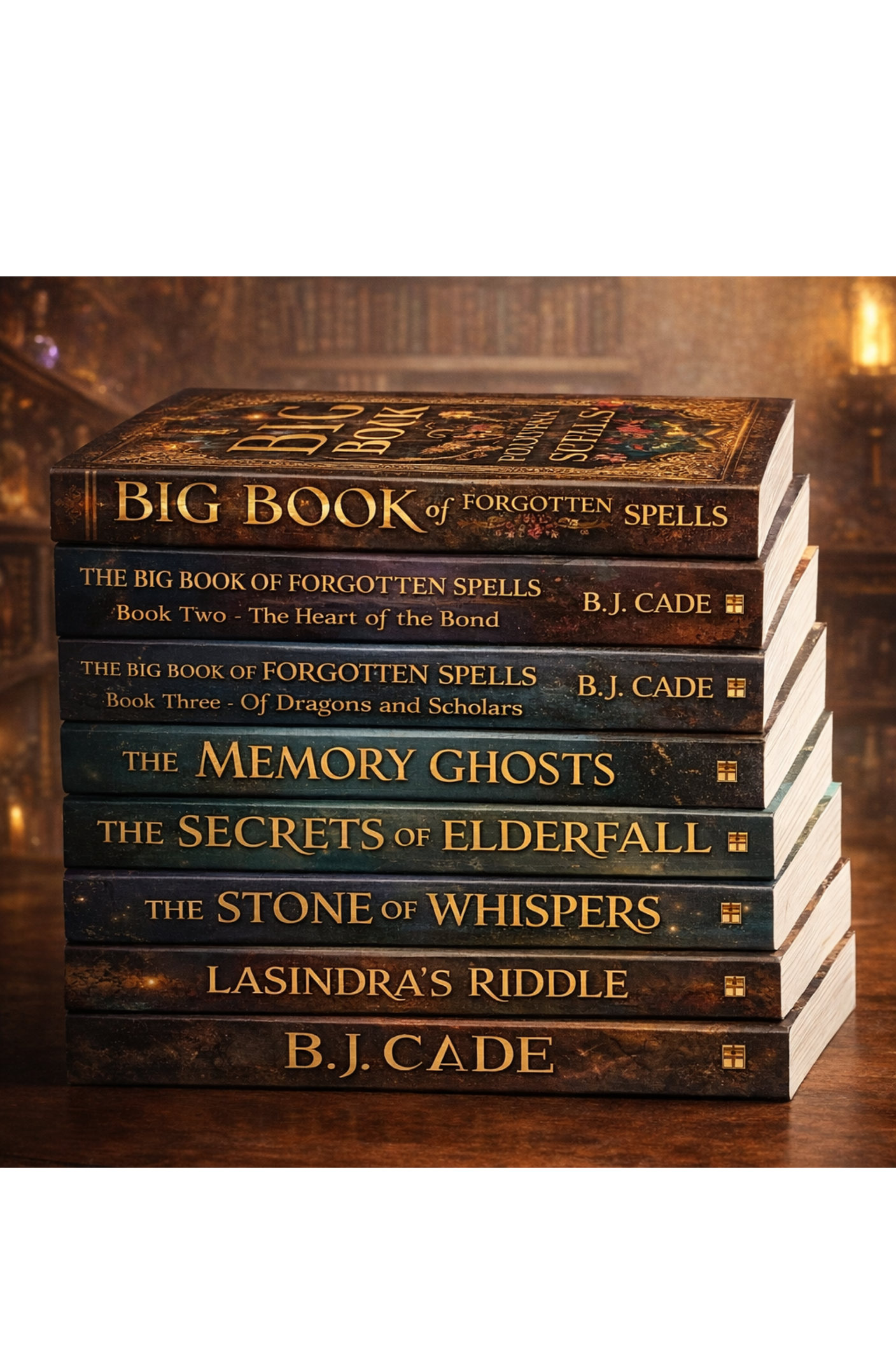 Stack of hardcover books with titles including "Big Book of Forgotten Spells," "The Big Book of Forgotten Spells: Book Two - The Heart of the Bond," "The Memory Ghosts," "The Secrets of Elderfey," "The Stone of Whispers," and "Lasindra's Riddle" on a dark wooden surface in a richly decorated library setting.