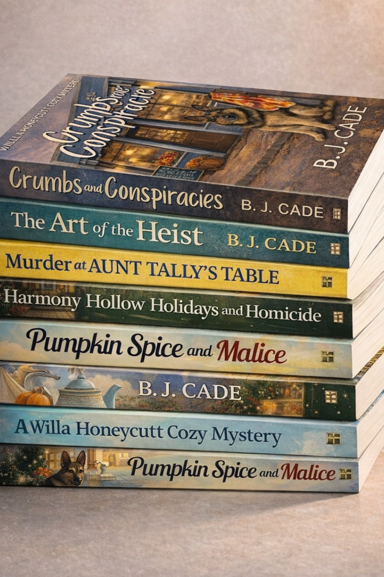 Stack of six books with titles including 'Crumbs and Conspiracies', 'The Art of the Heist', 'Murder at Aunt Tally's Table', 'Harmony Hollow Holidays and Homicide', 'Pumpkin Spice and Malice', and 'A Willa Honeycutt Cozy Mystery'.