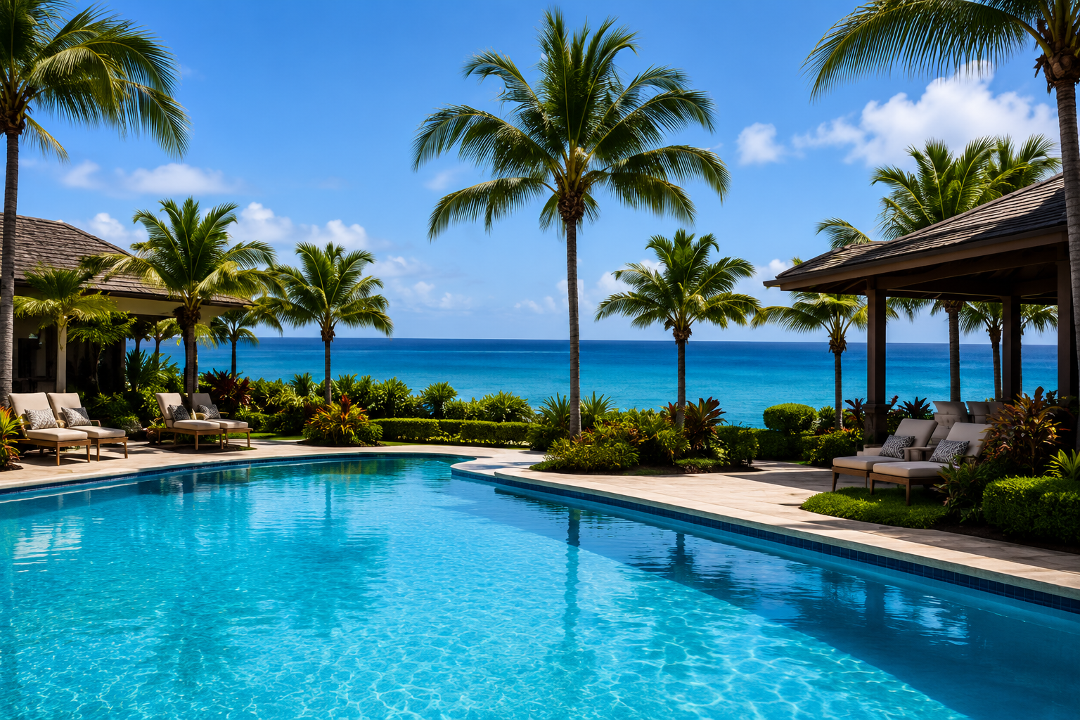 Poolside view with lounge chairs and palm trees overlooking the ocean under a blue sky.