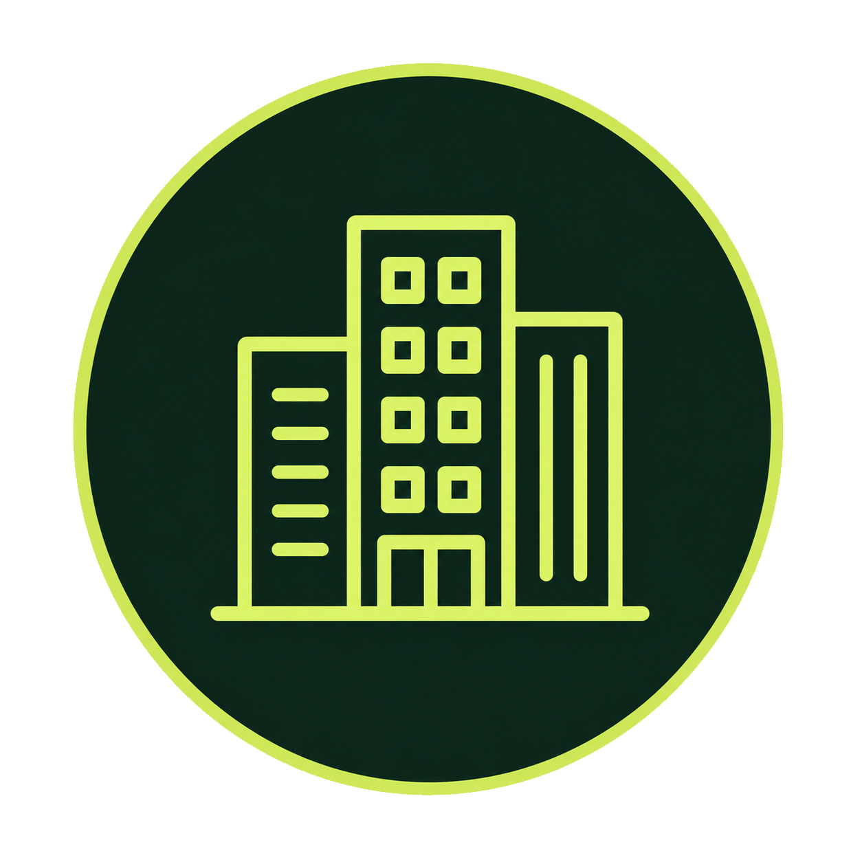 Outline drawing of three tall modern office buildings with multiple windows, inside a dark green circle with a yellow-green border.