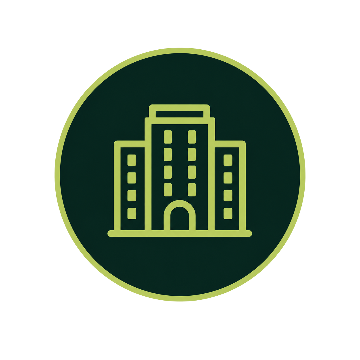 Icon of a tall multi-story building with a large archway entrance, depicted in light green lines on a dark green circular background.