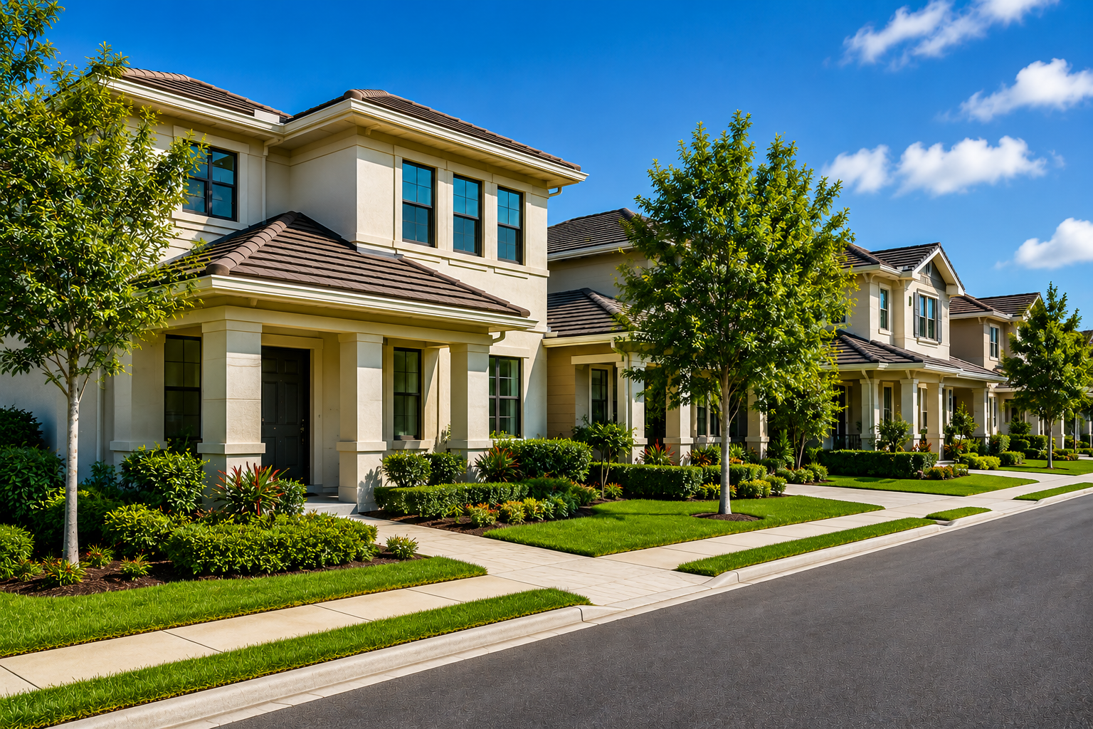 A row of modern, two-story suburban houses with manicured lawns, trees, and sidewalks under a blue sky with a few clouds.
