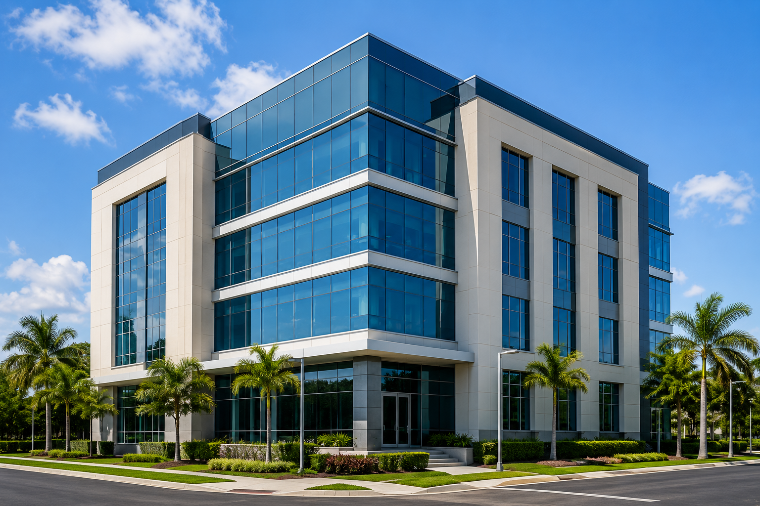 Modern multi-story office building with glass windows, surrounded by palm trees and a landscaped lawn under a blue sky with some clouds.