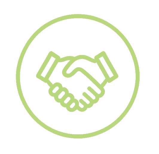 Outline icon of two hands shaking inside a circle, symbolizing agreement or partnership.