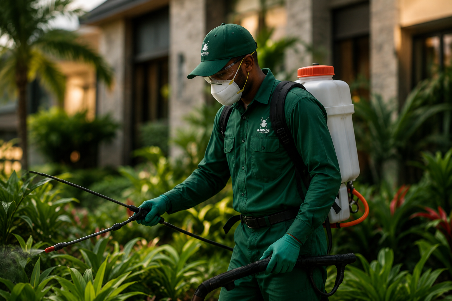 A pest control worker spraying plants with a backpack sprayer in a garden.