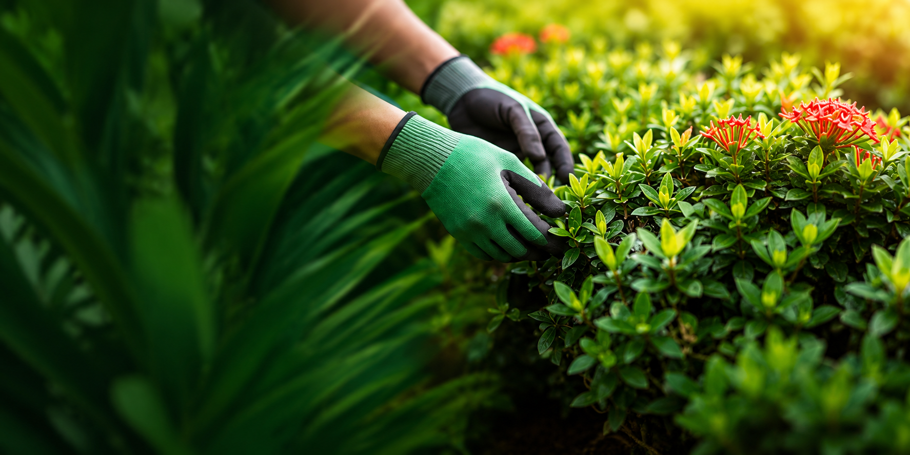 Close-up of a person pruning a green shrub with bright red flowers, wearing green gloves.