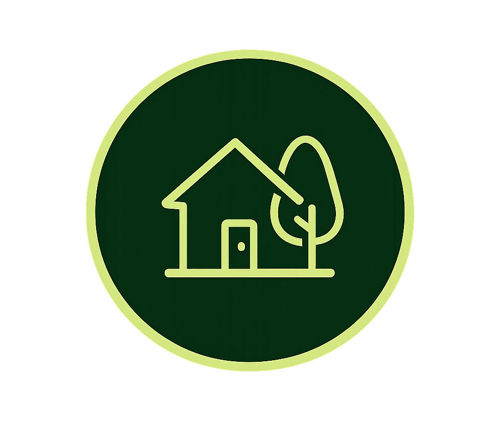 Green circular icon with a house and a tree outline.
