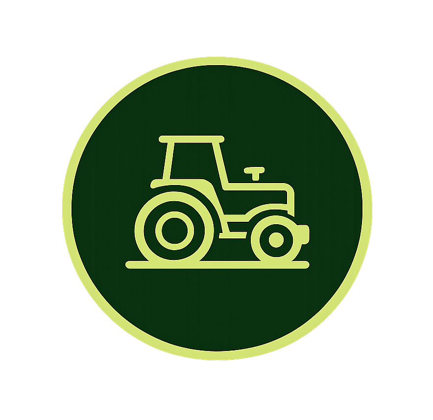 Green circular sign with a simple yellow outline of a tractor.