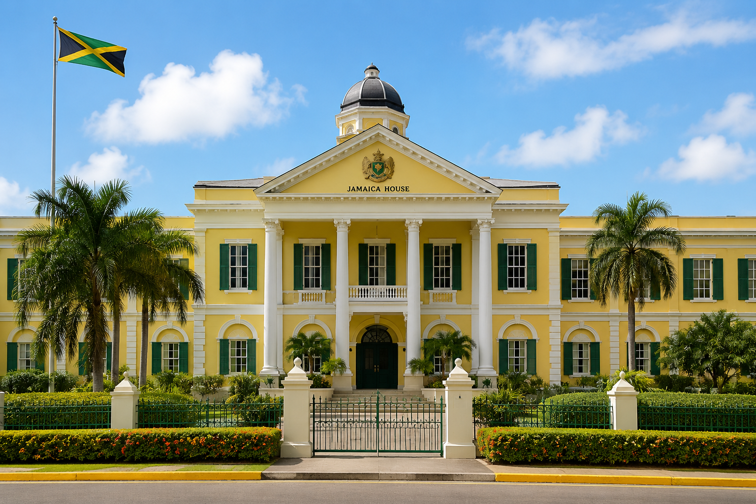 Yellow colonial-style building labeled Jamaica House with green shutters, white columns, lush landscaping, palm trees, and a Jamaican flag flying on a sunny day.