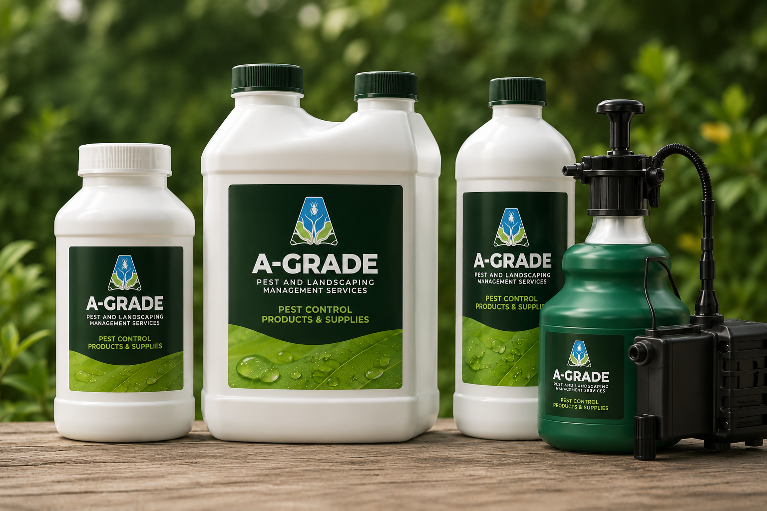 Set of pest control products and supplies from A-GRADE pest and landscaping management services, including bottles with green caps and one with a spray nozzle, all on a wooden surface outdoors.