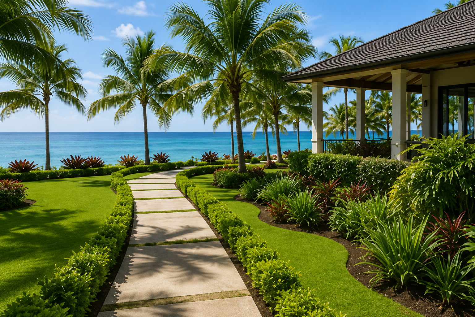 A tropical garden with a paved pathway, lush green grass and various tropical plants, overlooking the ocean with a clear blue sky and palm trees.