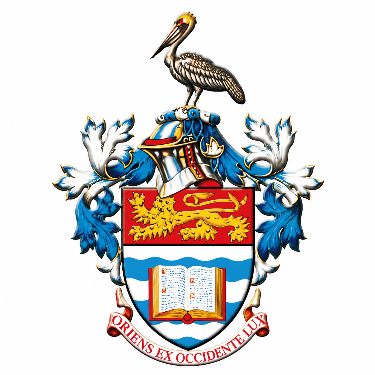 A detailed heraldic coat of arms featuring a crowned helmet, a shield with a lion, waves, an open book, and a banner with the Latin motto 'ORIENTS EX OCCIDENTE LUX'.