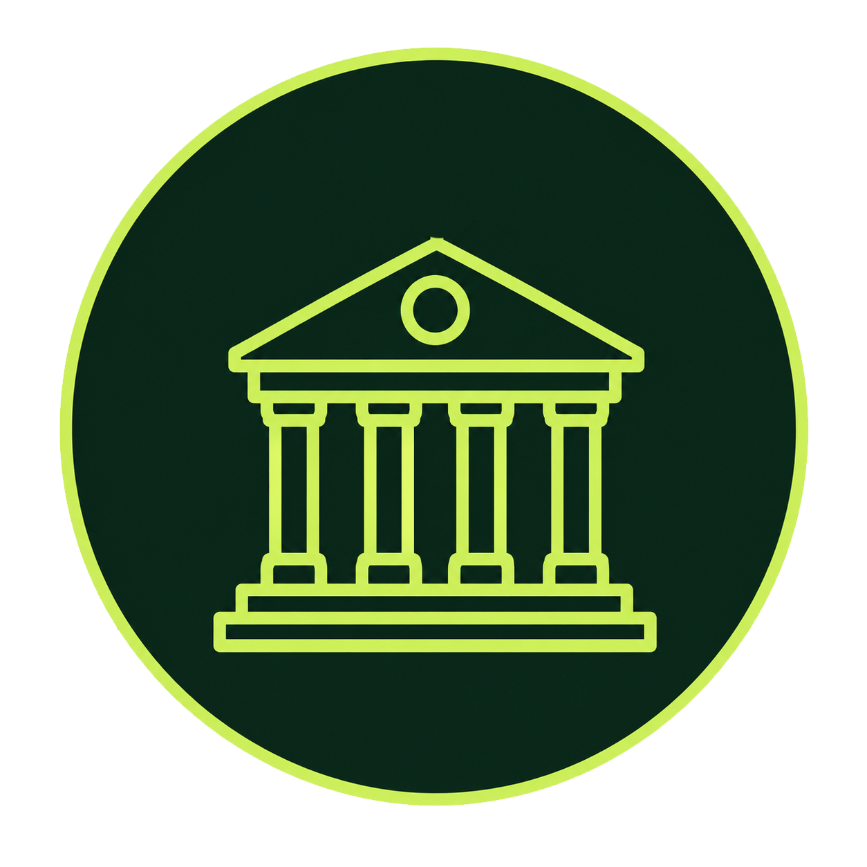 Icon of a classical government building with columns and a pediment, displayed with a neon green outline on a dark background.