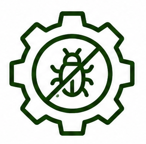 A gear icon with a bug symbol inside crossed out, representing bug or virus prevention or control.