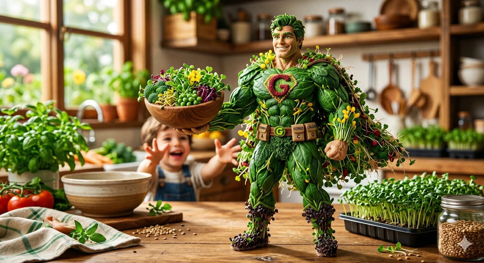 Figura de um personagem feito de vegetais, com corpo de folhas verdes, braços de vegetais e uma plaqueta no pescoço que diz "Fazenda Ferro Calcou", segurando uma tigela cheia de legumes variados, em uma cozinha com crianças felizes ao fundo.