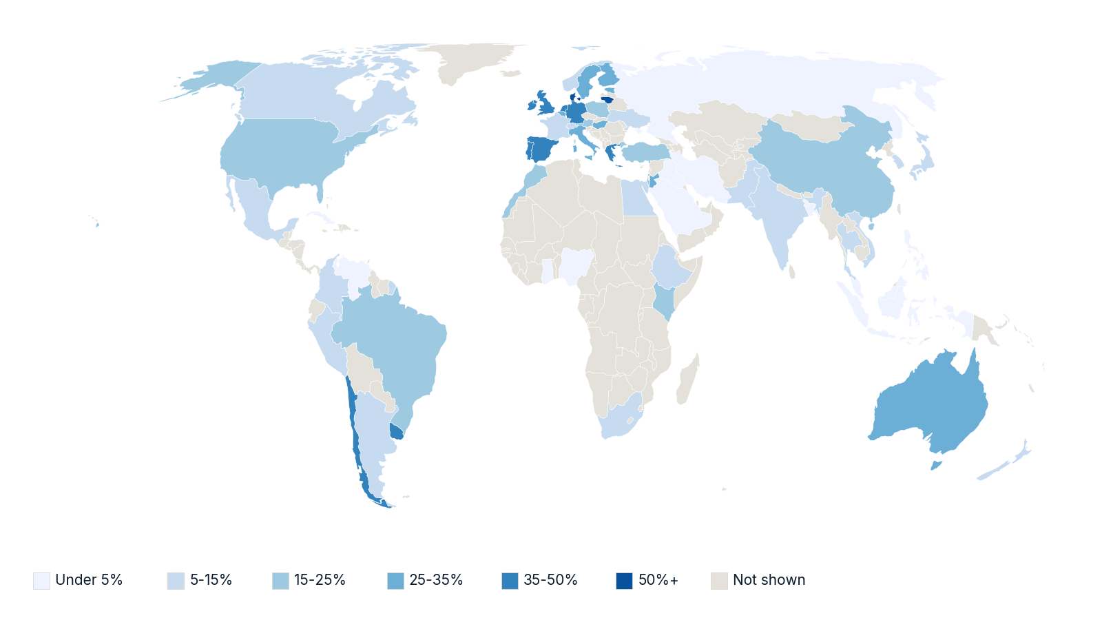 A world map of countries overlaid with wind and solar power generation as a percentage of supplied electricity using 2024 figures