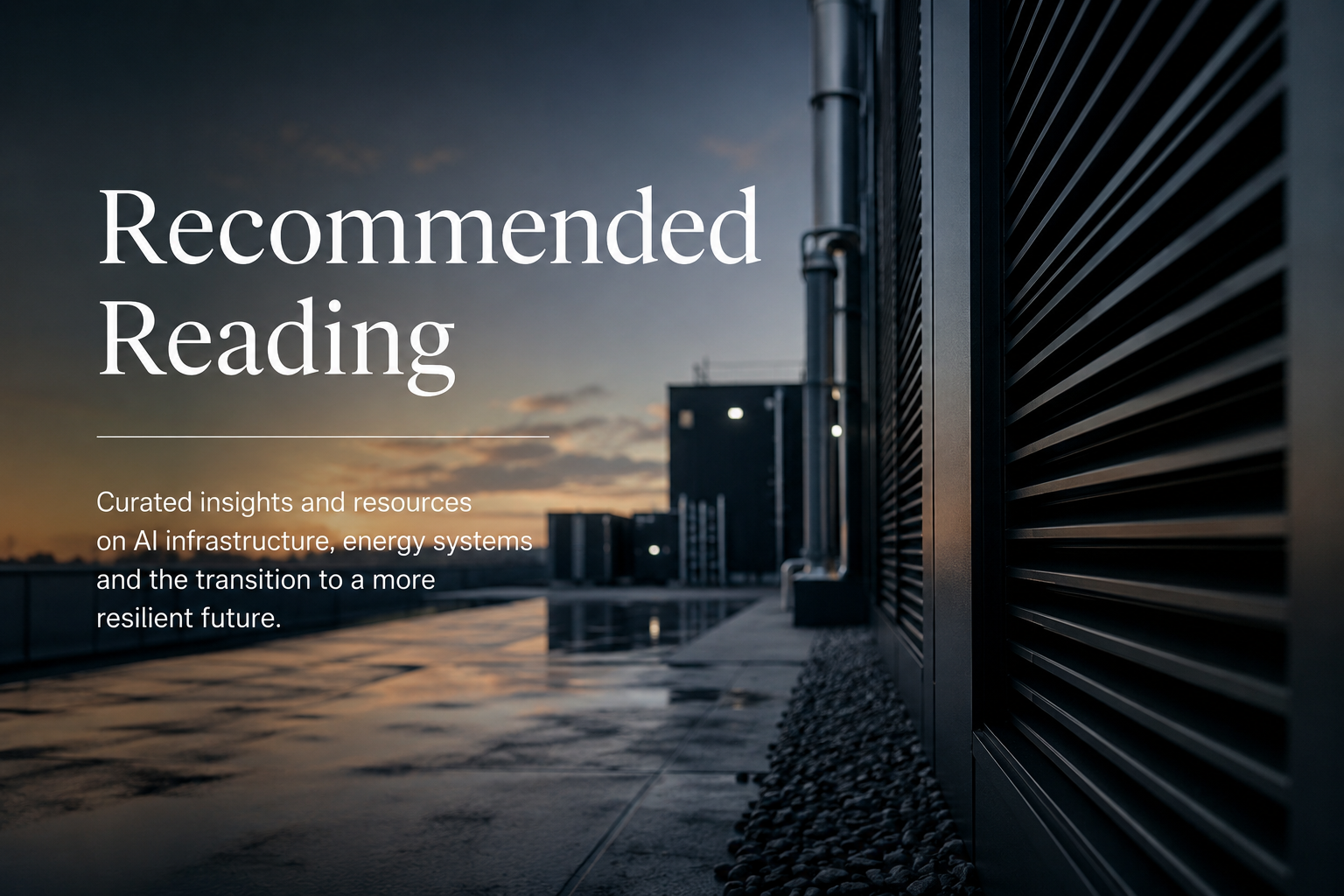 On a rooftop at sunset, a modern building exterior with a view of the city skyline. Overlay text reads 'Recommended Reading' with a subtitle about AI infrastructure, energy systems, and resilience.