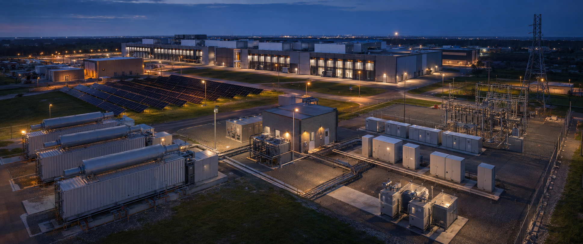 Aerial view of a modern industrial or data center facility at dusk, featuring solar panels and electrical infrastructure with illuminated pathways.