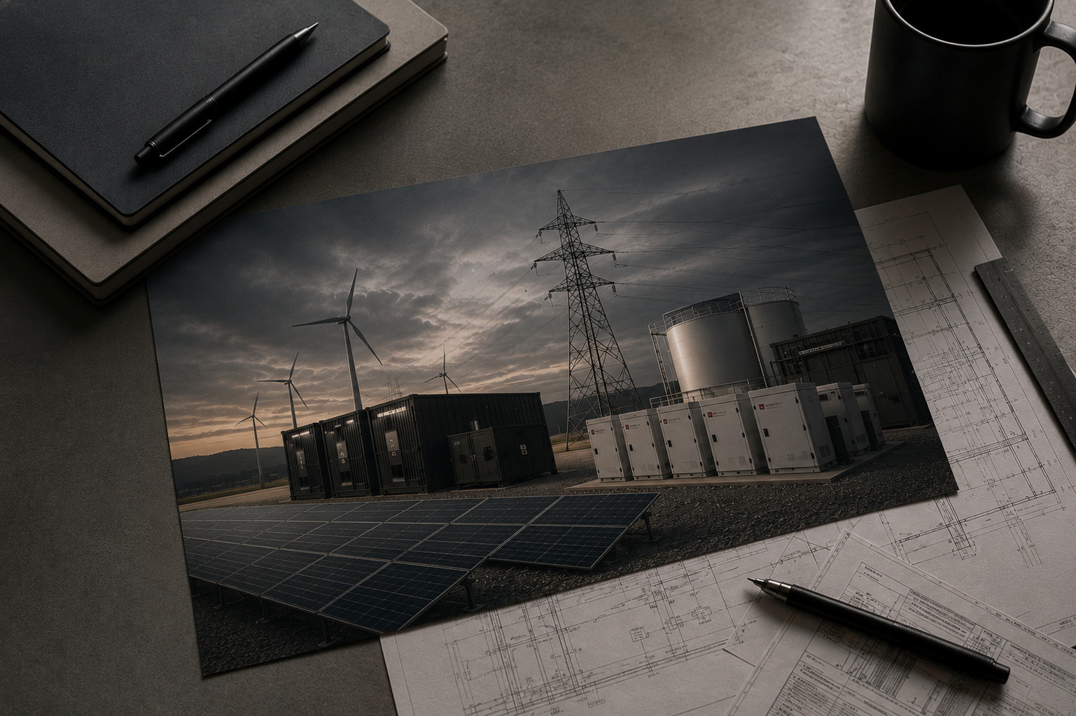 Photograph of a renewable energy facility featuring wind turbines, solar panels, and electrical equipment, with engineering plans and notebooks on a table.