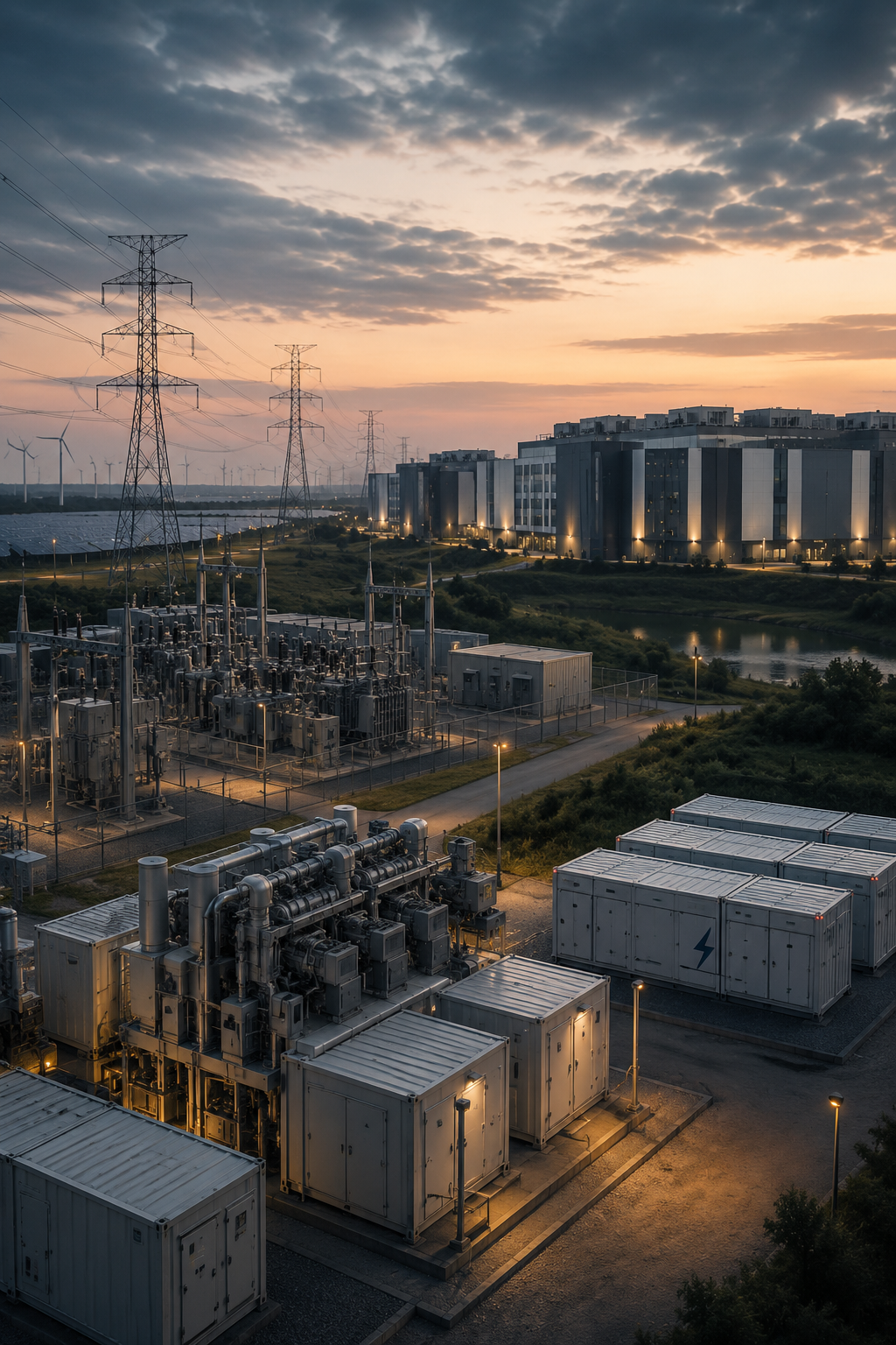 Power plant with high-voltage transmission towers, solar panels, wind turbines, and modern residential buildings at sunset.