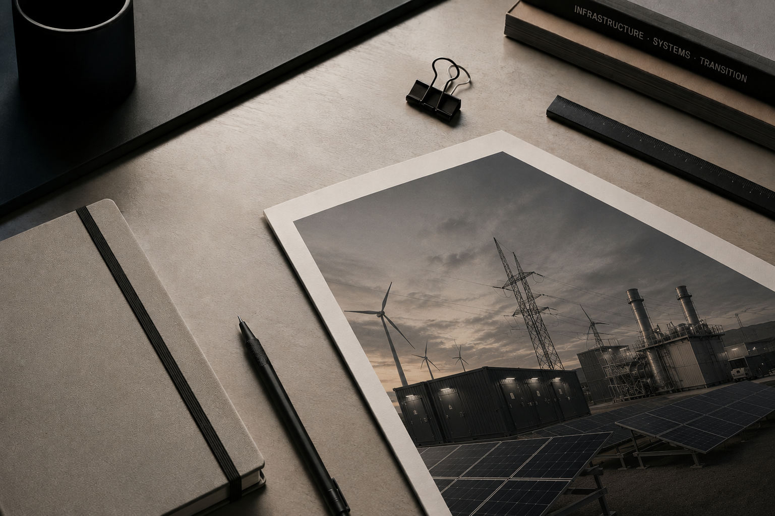 Desk with a photo of a renewable energy plant, a notebook, pen, black binder clip, ruler, and books on infrastructure and systems.