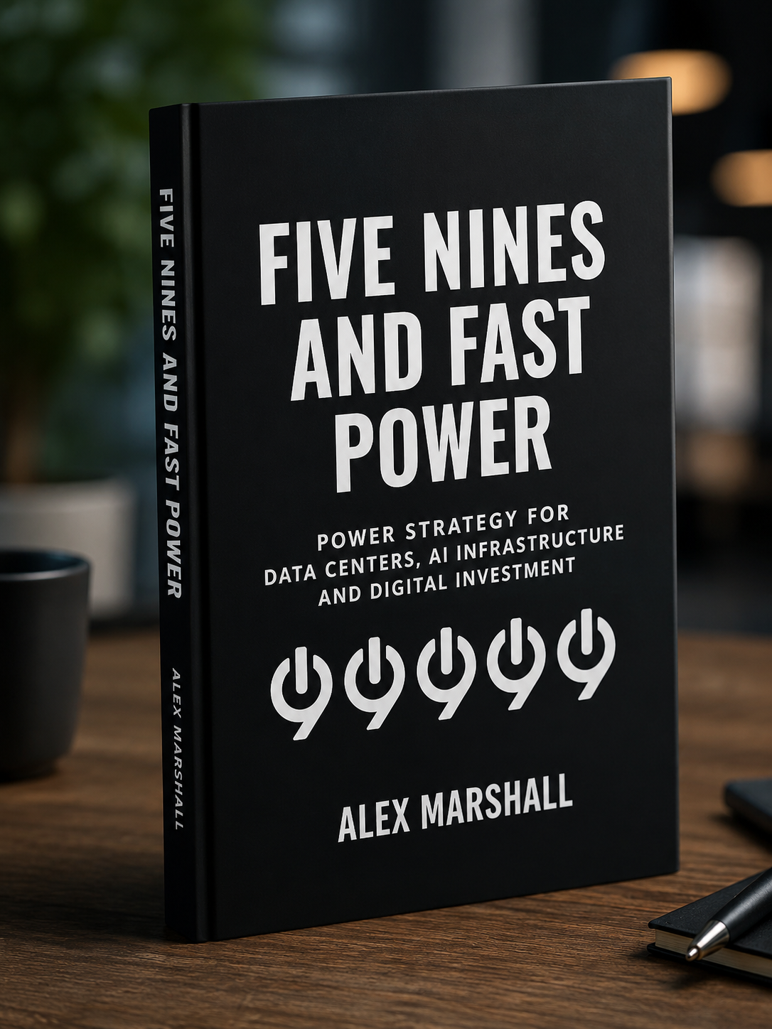 Cover of a book titled 'Five Nines and Fast Power' by Alex Marshall, with a subtitle about power strategies for data centers, AI infrastructure, and digital investment, featuring power symbol icons.