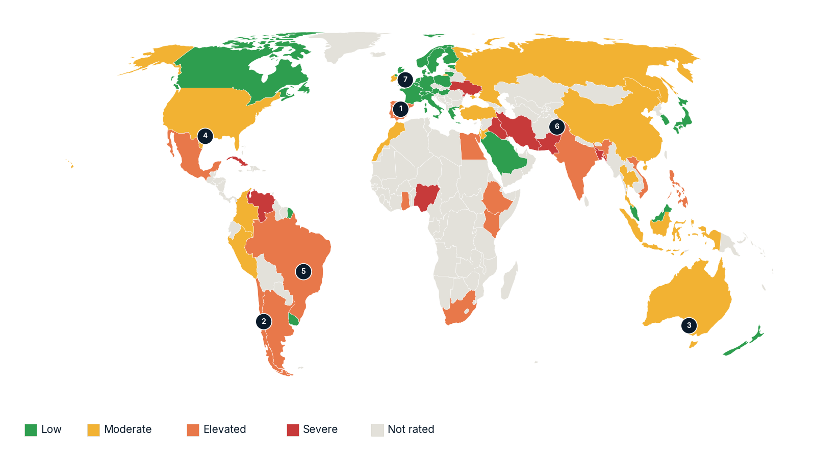 A world map of grid stress tier by country. Numbered markers: 1 Iberia 2025, 2 Chile 2025, 3 South Australia 2016, 4 Texas 2021, 5 Brazil 2023, 6 Pakistan 2023, 7 Great Britain 2019.