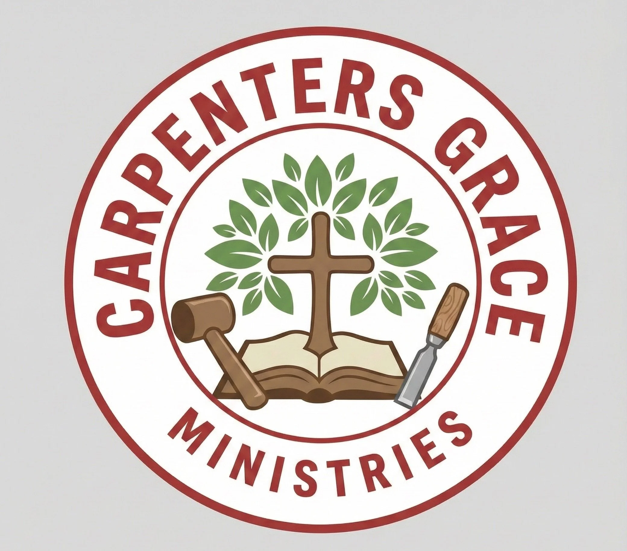 Circular emblem with red text that says "Carpenters Grace Ministries ".