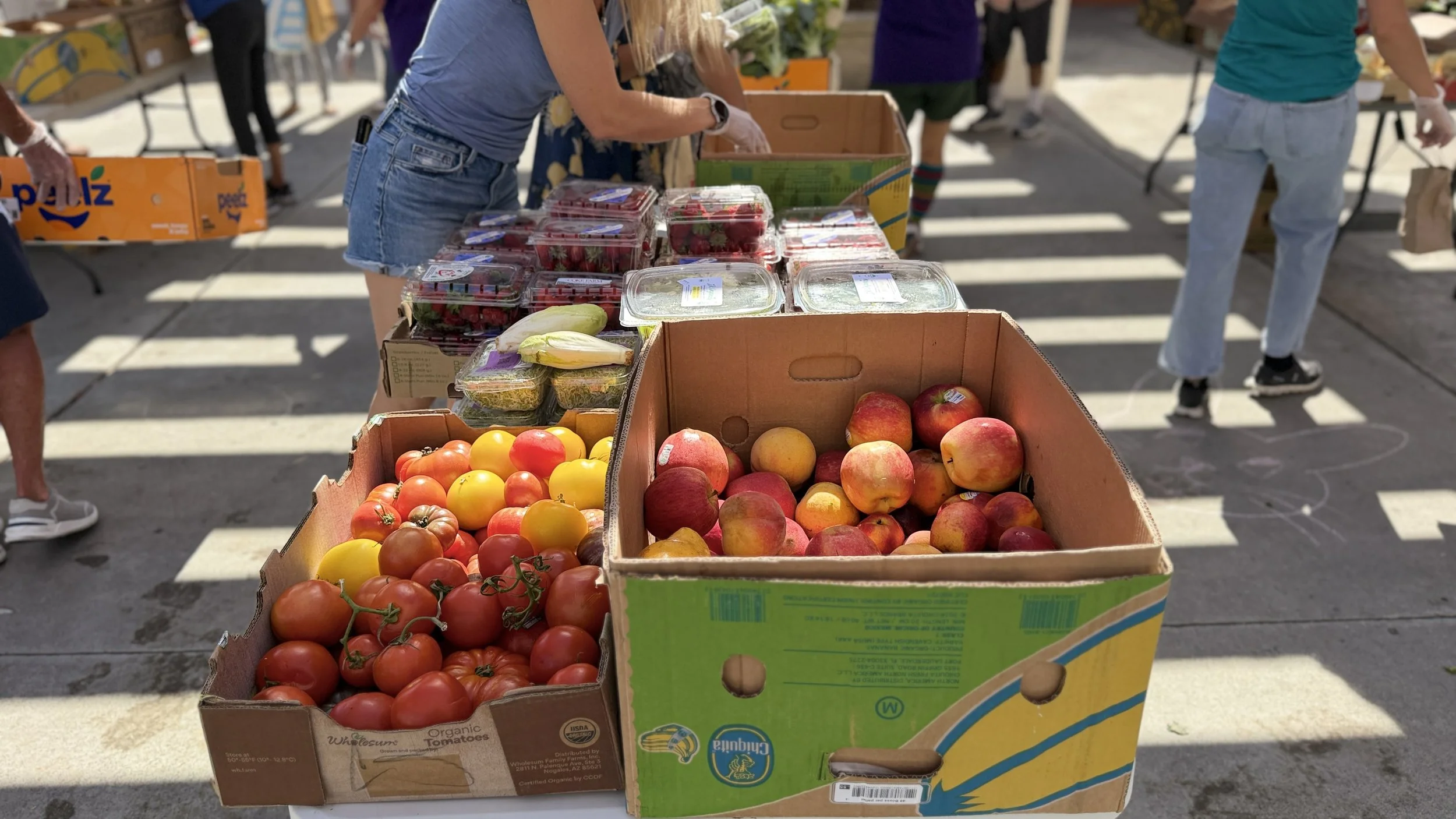 Boxes of peaches, tomatoes, and other fruit