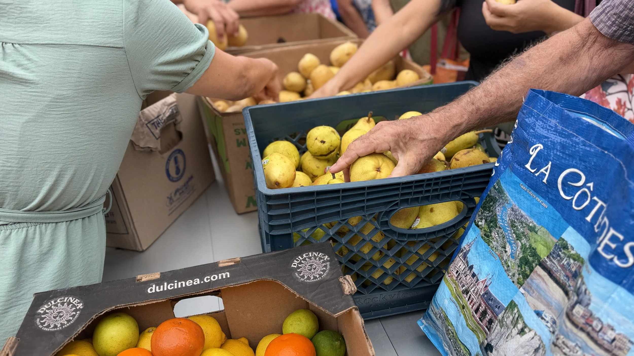 People taking produce from boxes
