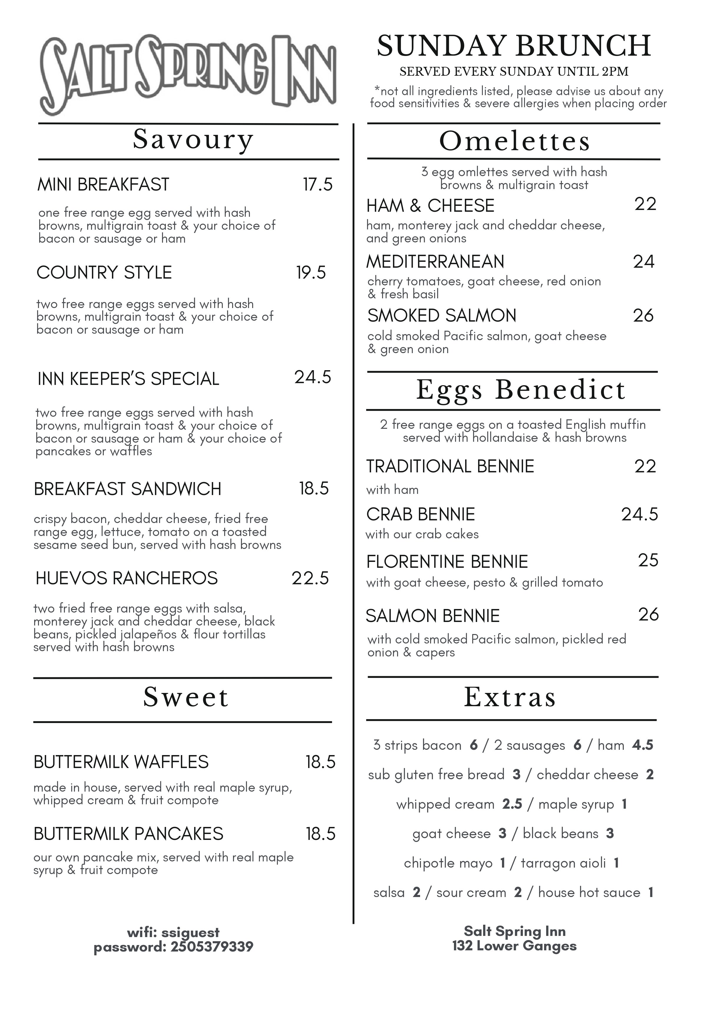 Menu from Salt Spring Inn featuring breakfast items, omelettes, eggs benedict, and sweet options, including prices and descriptions, with wifi details and address at the bottom.