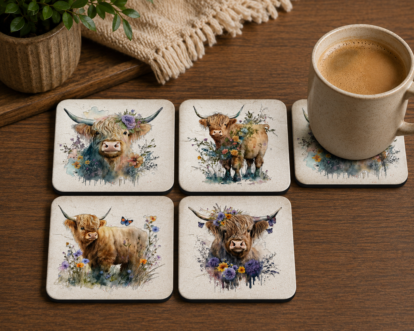 Highland Cow Delight Coasters - Set of 4