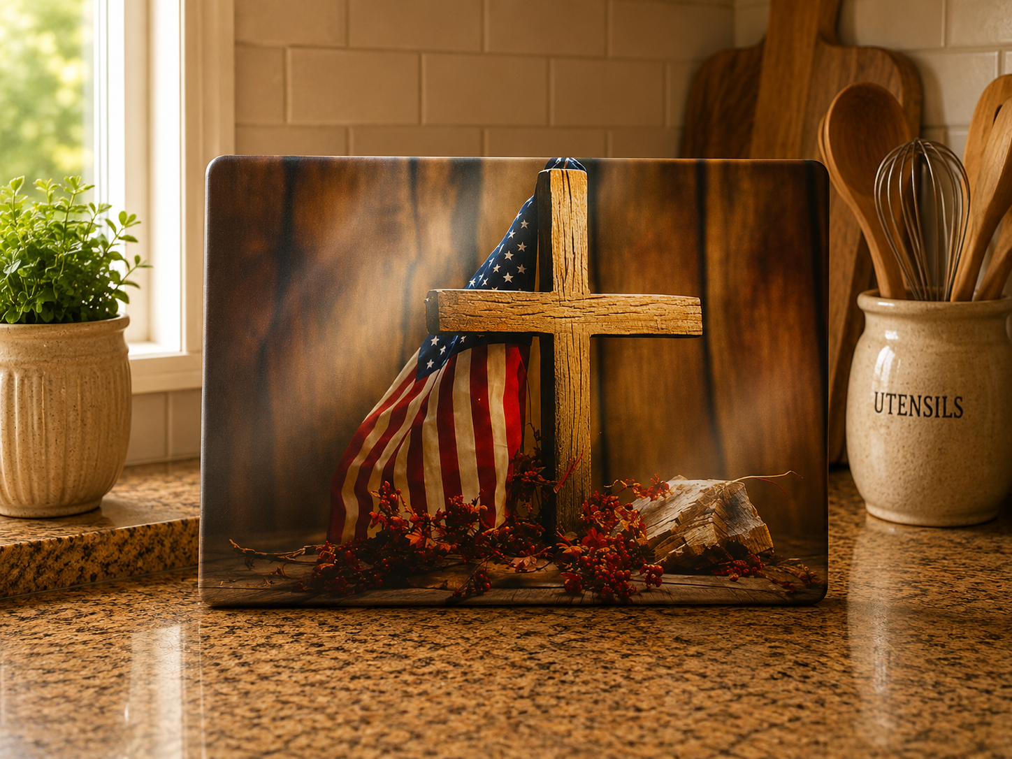 Rustic Elegance Glass Cutting Board - Cross & Flag Design