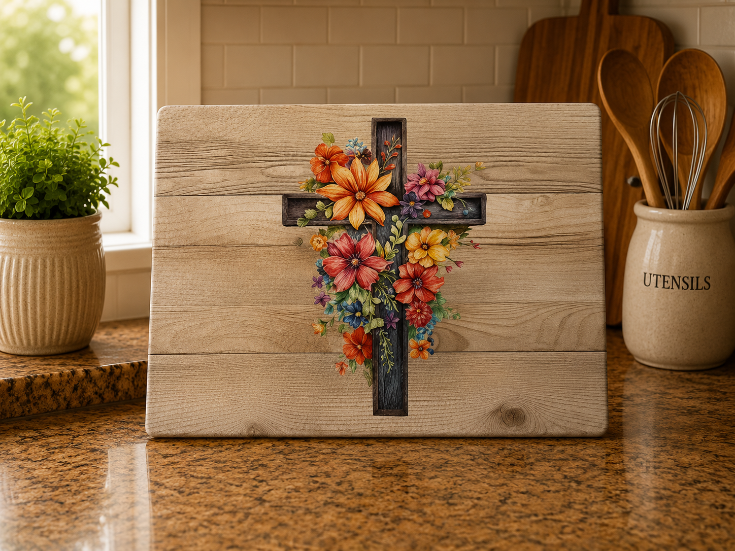 Floral Cross Glass Cutting Board