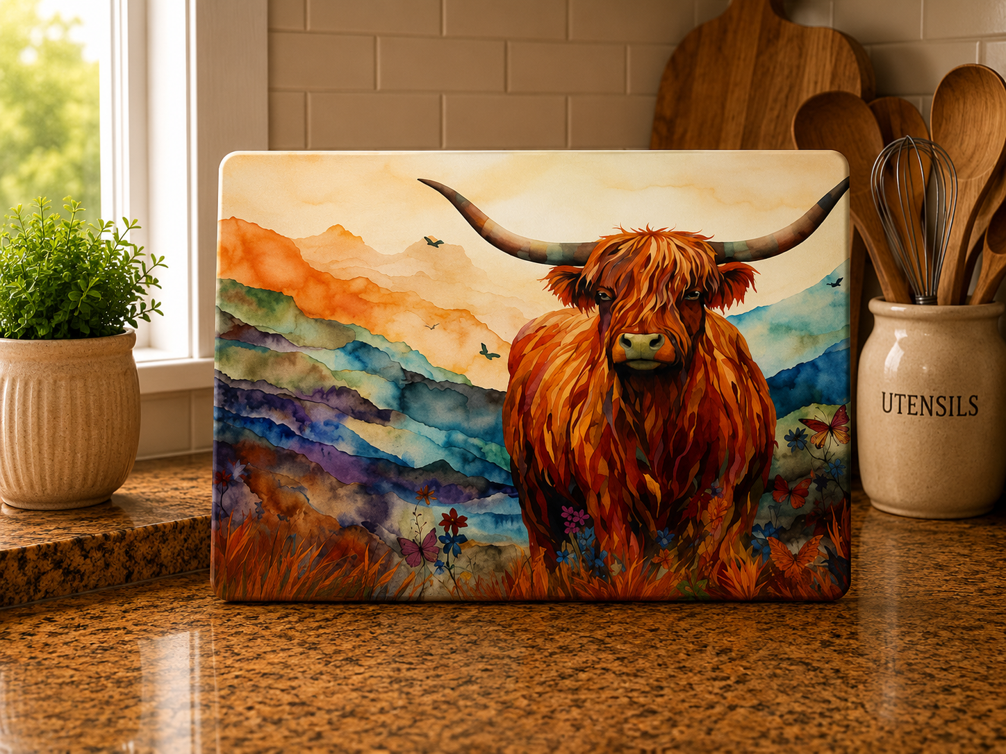 Artistic Highland Cow Glass Cutting Board