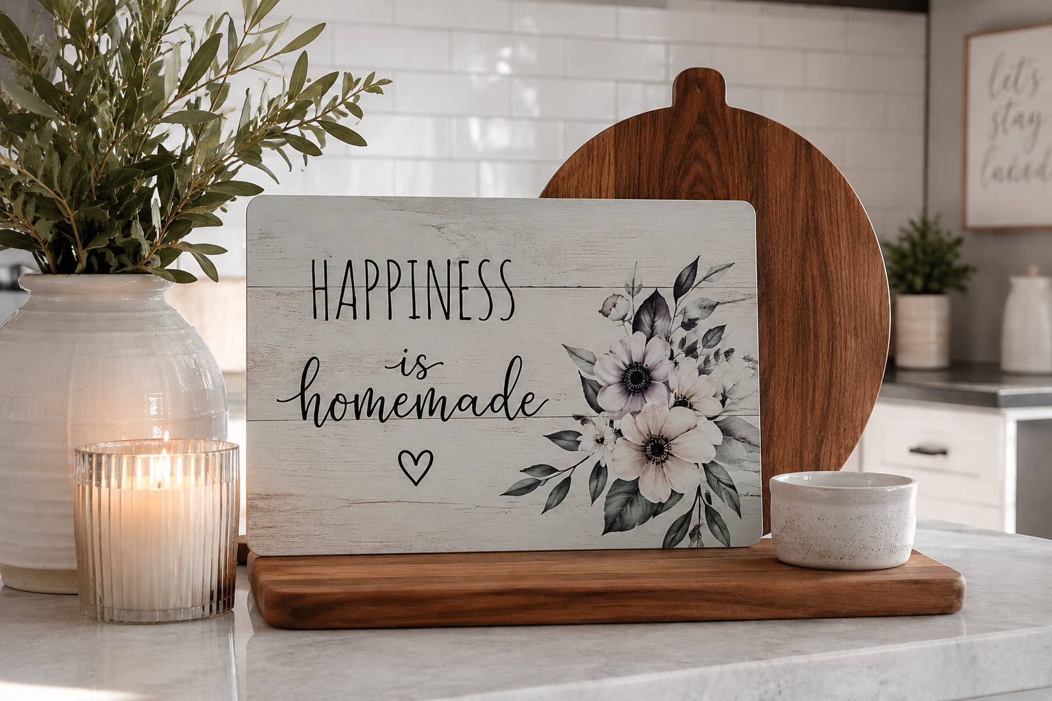 Decorative kitchen scene with a white sign that says 'Happiness is homemade' with floral design, a white ceramic vase with greenery, a lit candle in a ribbed glass holder, a small speckled white bowl, and a wooden cutting board on a white countertop.