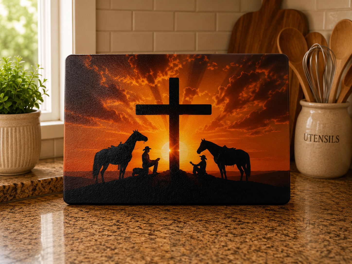 Sunset Cowboy Glass Cutting Board
